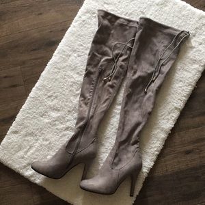 Gray Stiletto over the knee boots.
